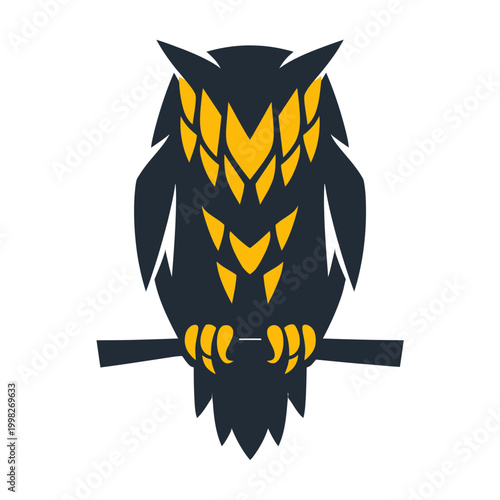 Minimalist 2D illustration of a perched owl with face hidden by geometric feathers