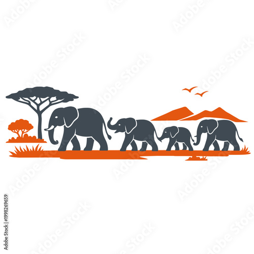 A group of stylized elephants walking in a line across the savanna