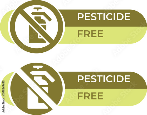 Pesticide free organic labels, green eco-friendly badges with chemical sprayer prohibition symbol, non-toxic farming and gardening vector icons