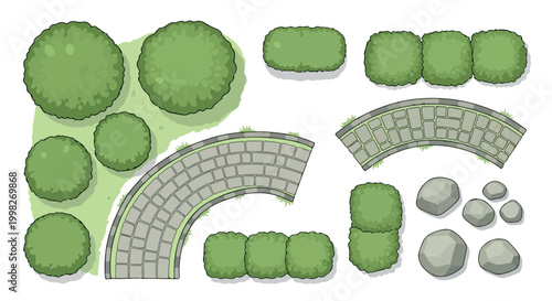 Landscape design garden elements, top view vector set of green bushes and stone paths, architectural site plan greenery and paving stones isolated PNG with Transparent Background