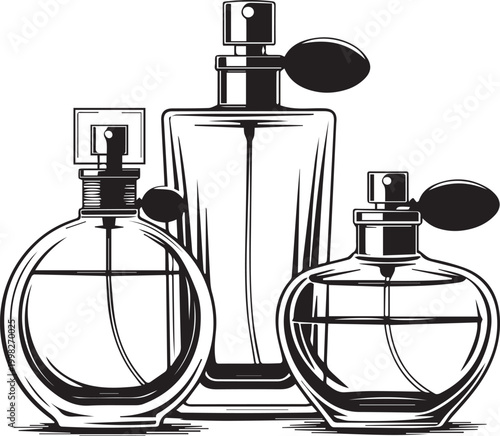 Luxury perfume glass bottle set with spray pump isolated on white background, fragrance cosmetic beauty accessory silhouette, cad drawing flat vector illustration for design.