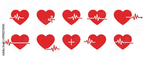 Heartbeat icon set. Heart shape with pulse line. ECG heart beat line. Heartbeat sinus rhythm line. Heart beat pulse icon set. Vector illustration