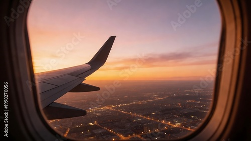 Airplane wing view from window at sunset