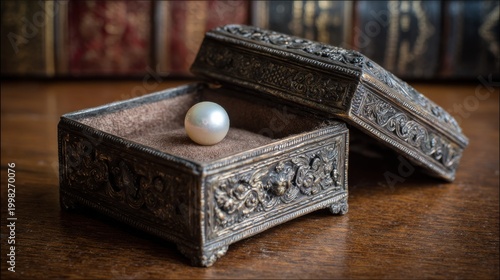 Intricate antique metal filigree box holding a single pearl on a wooden surface