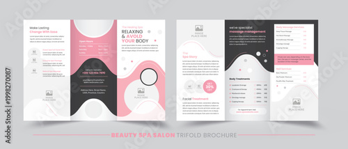 Beauty spa salon trifold brochure with soft pink and grey.