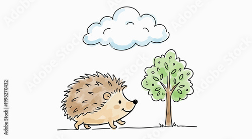 A hand drawn vector art of a hedgehog walking under a cloud near a tree.