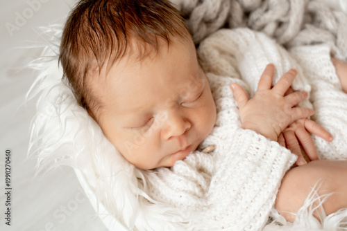 portrait of a sleeping newborn baby, space for text, a little baby sleeping peacefully