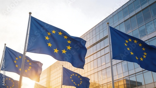 European flags waving in front of a building