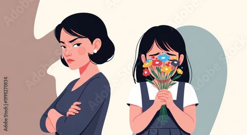 Mother with arms crossed looking angry at daughter holding a bouquet of flowers concept of apology and misunderstanding flat illustration