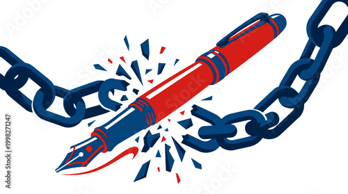 Vibrant pen shattering metal chains, illustrating the powerful concept of freedom through expression