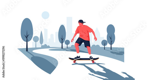 Man goes skateboarding on a city path on a sunny day