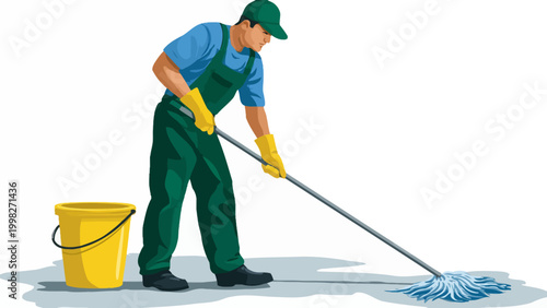 Professional janitor diligently cleaning a floor with a mop and bucket, performing essential sanitation duties