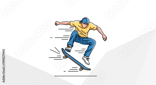 Skateboarder goes for a thrilling trick on a sunny day outdoors