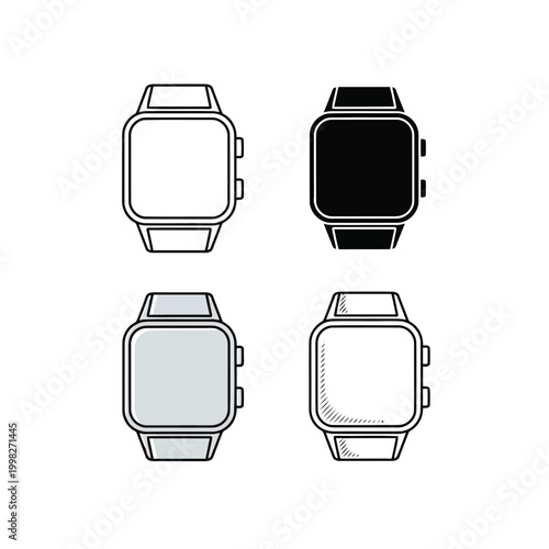 Four different watch faces displayed in a simple black and white design layout