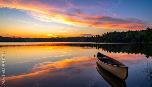 Wooden canoe floating on a calm lake during a colorful sunset