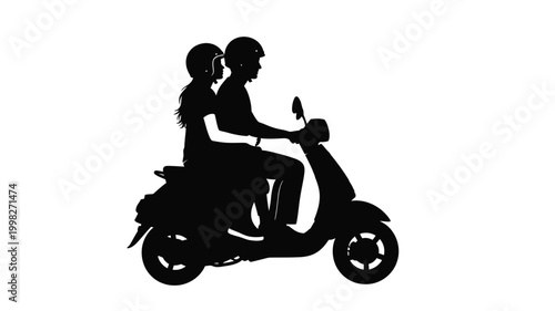 Couple riding a scooter together against a white background silhouette
