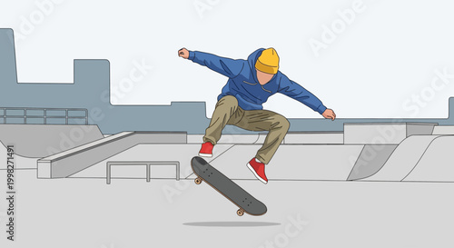Man goes skateboarding on a sunny day at the skate park ramp