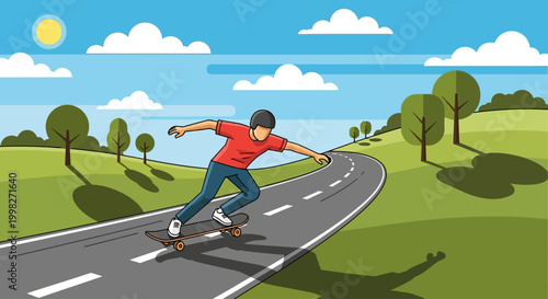 Man goes skateboarding down a road on a sunny day
