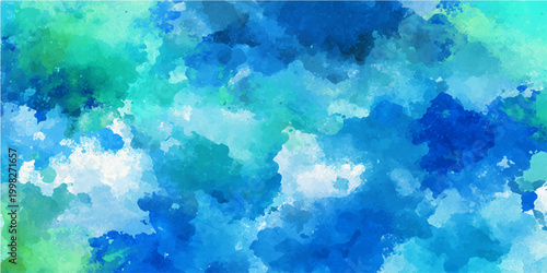 Abstract watercolor painting features a serene blend of blues and greens, creating a visually pleasing background. 