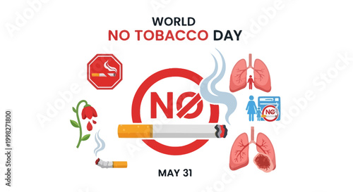 World No Tobacco Day concept with various health icons and warning symbols against smoking on an isolated white background.