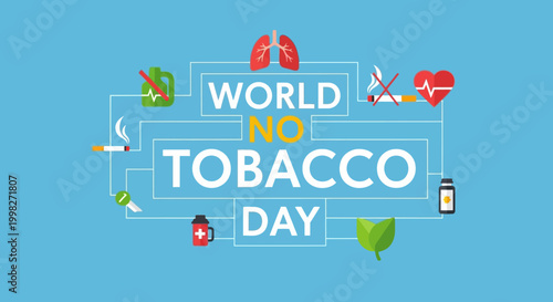 World No Tobacco Day with health icons illustrating negative impacts, infographic on light blue background, smoking risks.