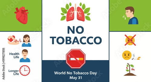 World No Tobacco Day infographic with health benefits and negative effects of smoking, featuring heart, lungs, and warning icons in a grid design.