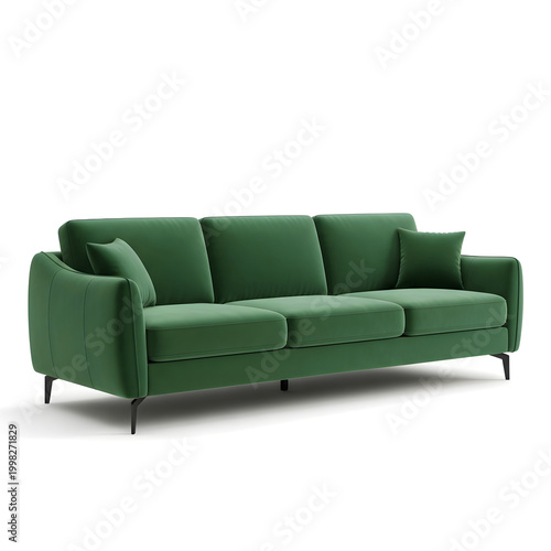 A modern green velvet sofa with sleek black legs and plush cushions