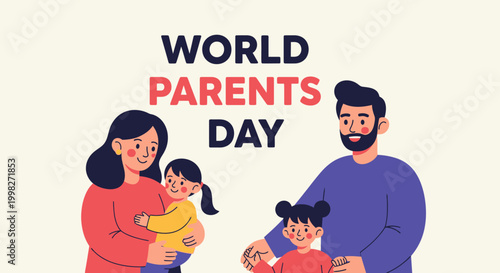 Happy diverse family with a father playfully interacting with a child and a mother smiling, celebrating World Parents Day.