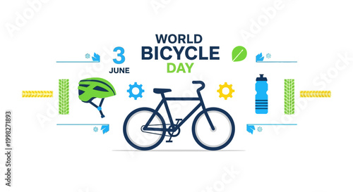 World Bicycle Day concept with bicycle, helmet, and water bottle on an isolated white background, celebrating June 3rd.