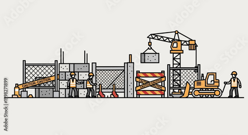 Construction worker with crane and bulldozer.