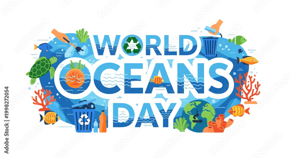 Fototapeta premium World Oceans Day banner with marine life, plastic pollution, and recycling symbols in a blue ocean environment.