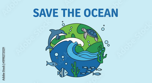 Save The Ocean banner with Earth globe, dolphin, turtle, fish, and seaweed in light blue water.