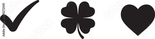 Checkmark, Clover, and Heart Symbols: Simple black and white symbols represent choices, luck, and love, ideal for design, concepts, and communication.