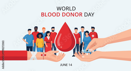 Diverse group of people standing around a large blood drop, with hands reaching out, symbolizing blood donation and support for World Blood Donor Day on June 14, on an isolated white background.