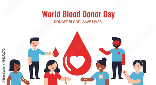 Diverse group of people standing around a large blood drop in the shape of a heart, symbolizing blood donation and saving lives for World Blood Donor Day, on an isolated white background.