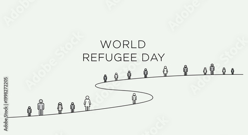Minimalist silhouettes of people walking on a curved path, symbolizing the journey of refugees on World Refugee Day, on an isolated white background.