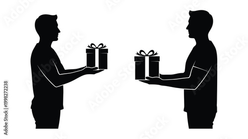 Two men exchanging gifts a simple black depiction silhouette