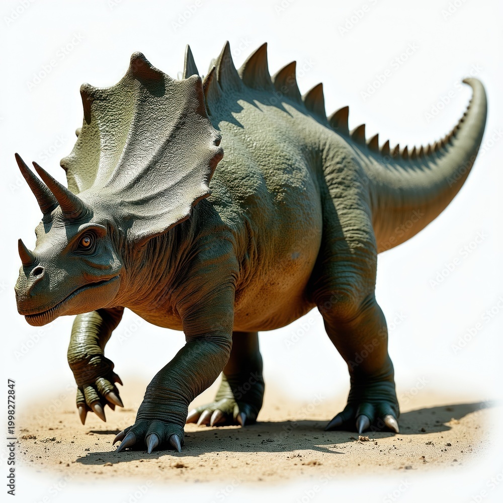 Fototapeta premium Green armored Ankylosaurus dinosaur with horns, spiked tail walks on sand. Prehistoric reptile with textured skin, scales moves slowly. Extinct quadrupedal herbivore defends itself with its club.