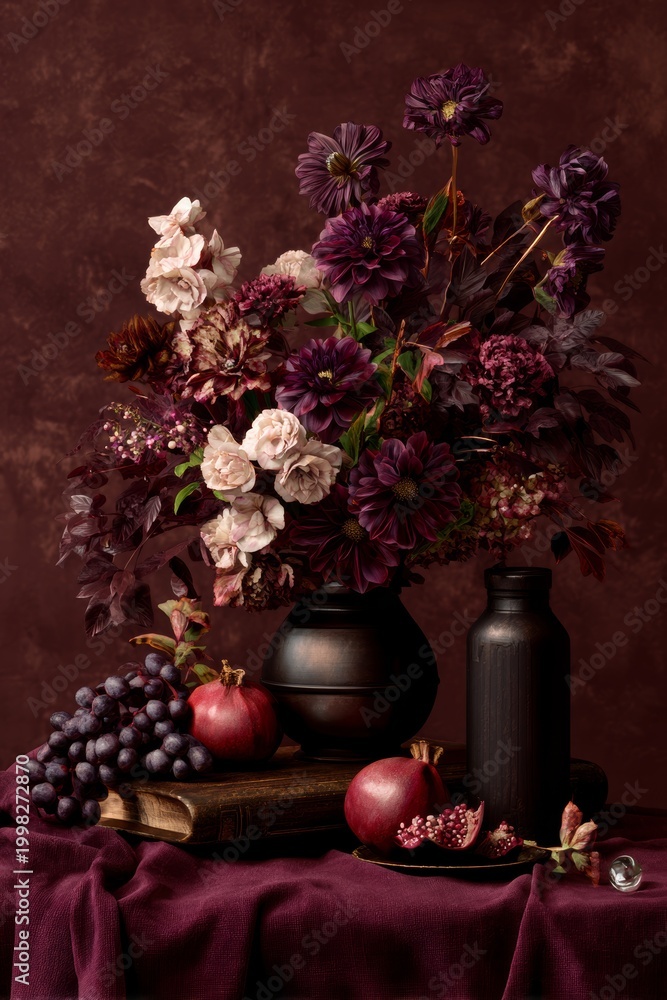 Fototapeta premium vertical still life mockup with elegant autumn flowers with pomegranate, grapes and vases and deep burgundy tones, floral composition, luxury abundance