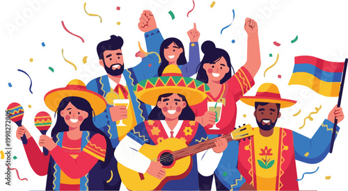 Vibrant group celebration with music and dance in a festive Latin American cultural event with people