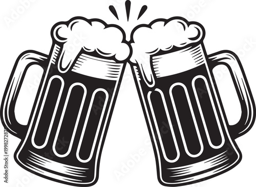 Vintage clinking beer mugs icon in cad drawing flat vector illustration style, isolated black hatched silhouette for brewery, pub, party, toast, and celebration.