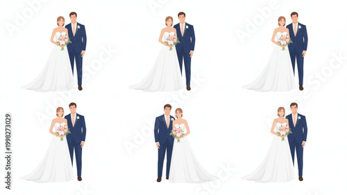 A diverse collection of seven stylish flat lay illustrations showcasing various fashion poses and outfits for men. isolated on transparent background