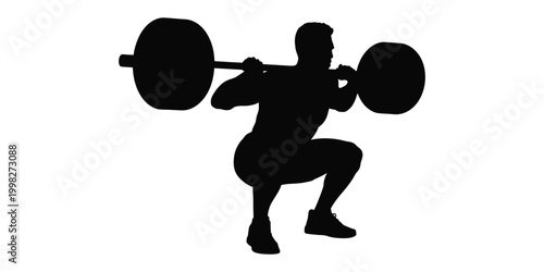 Silhouette of muscular man performing barbell squat exercise in minimalist gym setting