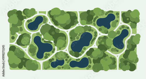 Aerial landscape park map vector, top view garden with green trees and blue ponds, urban public park plan with walking paths and nature trails