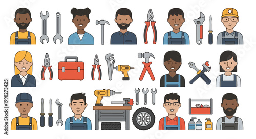 Professional mechanic and handyman avatar set, diverse repair service worker icons, industrial maintenance tools and equipment vector collection