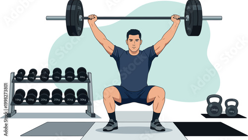 Strong Male Athlete Performing Barbell Snatch in Gym