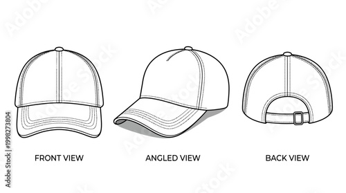 Detailed Line Art Drawing of a Sports Cap with Multiple Perspective Views
