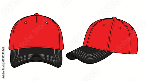 Blank red and black baseball caps, front and side view vector illustration, perfect for apparel design