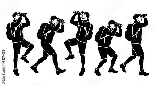 Adventurous person exploring natural landscapes and wildlife, observing with binoculars