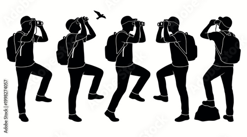 Exploring Wilderness Silhouette Hikers with Binoculars Observing Nature